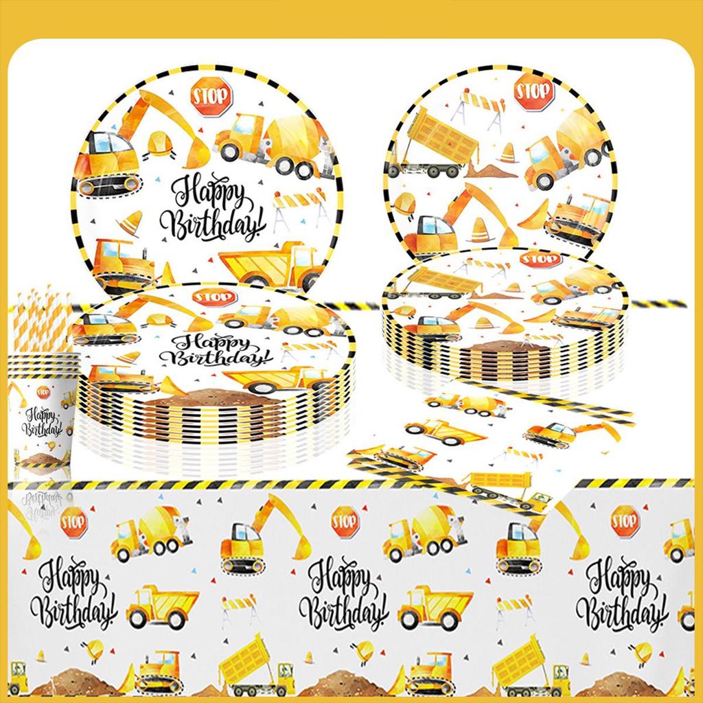 Yellow Excavator Party Set: Plates, Cups, Napkins & Tablecloth for Boys