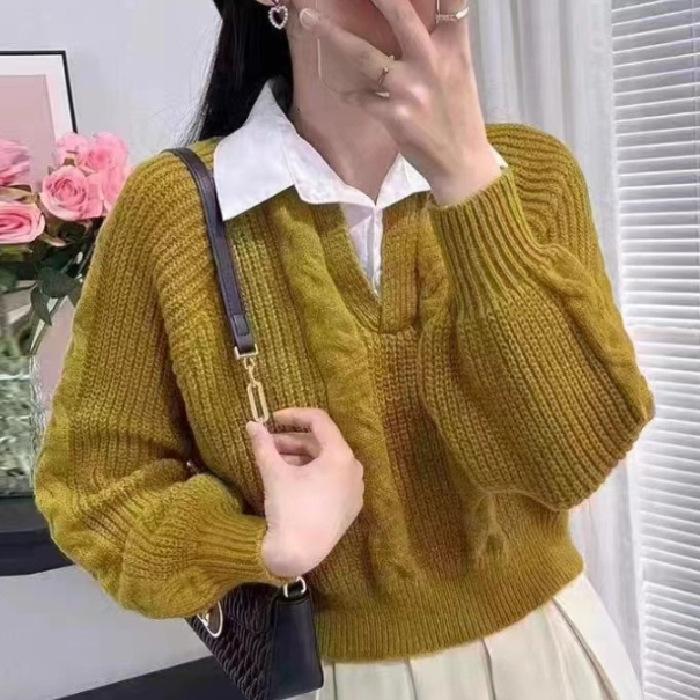 Women's College-Style Two-Piece Twisted Knit Sweater - Loose Fit, Long Sleeves for Autumn