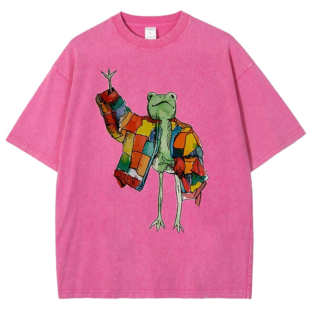 Tricou de damă cu imprimeu broască desen animat în stil drăguț și amuzant, larg, spălat, supradimensionat, cu mânecă scurtă, modă de vară, top drăguț pentru studenți