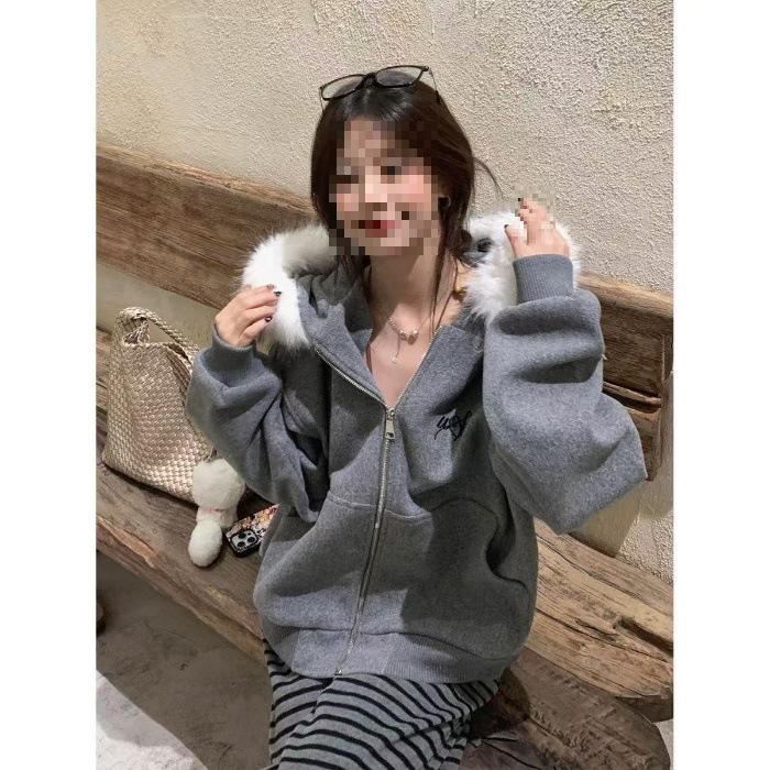 Blue Women s Slimming Hooded Fur Collar Jacket for Autumn & Winter - Warm, High-Grade, Casual Zipper Hoodie S