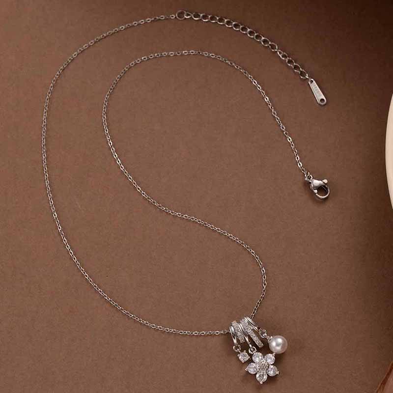 Stainless Steel Colorful Flower Zircon Pearl Pendant Necklace For Women Simple Elegant Korean Jewelry Wholesale