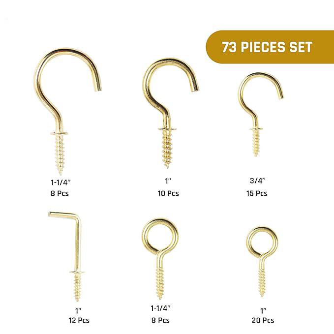 RSINC 73pc Assorted Hook Set Golden Nickel Plated, Multipurpose Eye,Cup,Square B0C1JH1W4R