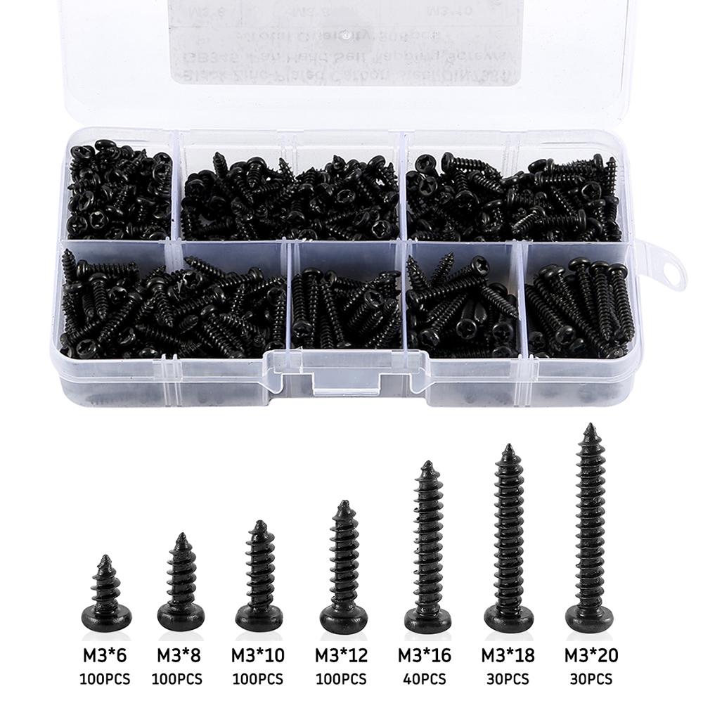 Self Tapping Screw Set Pan Head Tapping Screw Cross Head M3/M4/M3.5/M4.8 Assortment Kit Black Furniture Carbon Steel