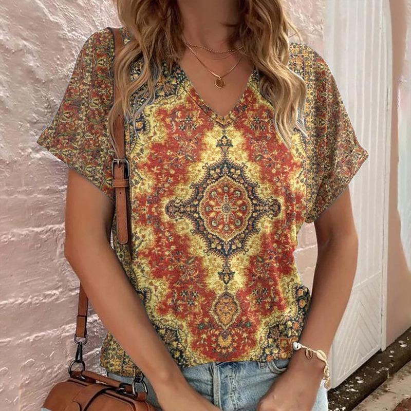 Casual Bohemian Print Women s Short Sleeve V-Neck Top T-Shirt S