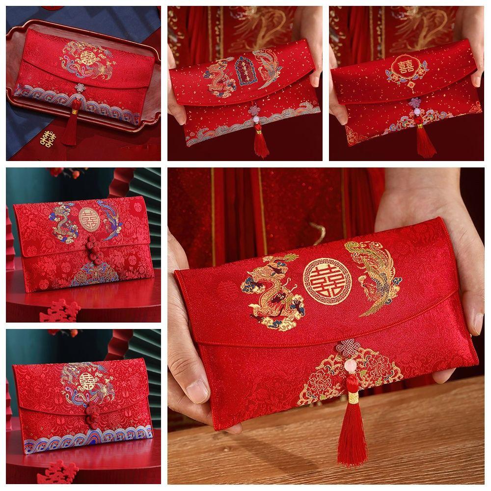 Multiple Patterns Wedding Red Packet Tassel Design Best Wishes Brocade Red Envelope HongBao Embroidery New Year's Blessing Bag