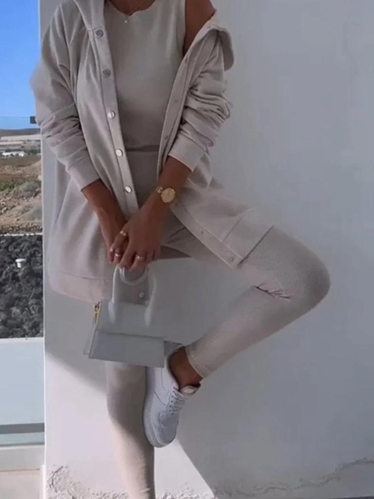 Spring New Women's Casual Hooded Sweatshirt & Slim Fit Ribbed Pants Set - 3 Pieces