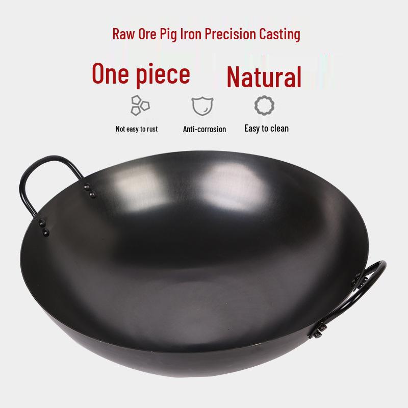 Classic Cast Iron Wok with Stainless Steel Lid - No Coating, Double Handle, for Restaurant Use