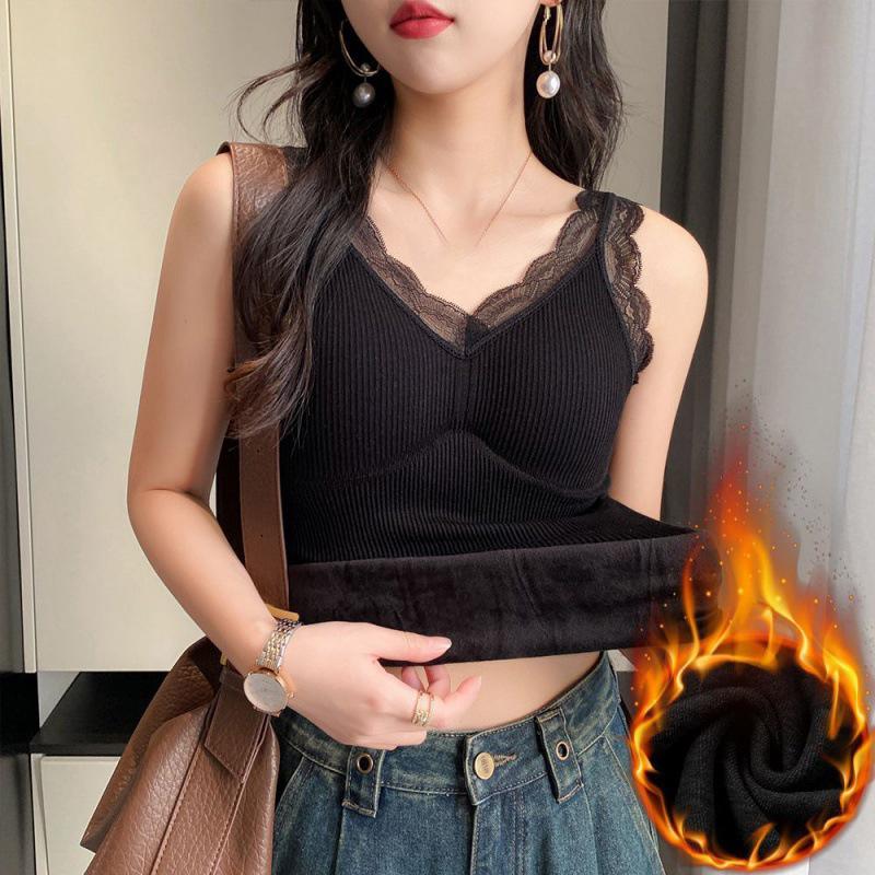 Thermounterwäsche Innenweste Damen Warm Winter Sexy Spitze Ärmellos Tank Gepolstert Thermo Dick Schlankmachendes Unterhemd