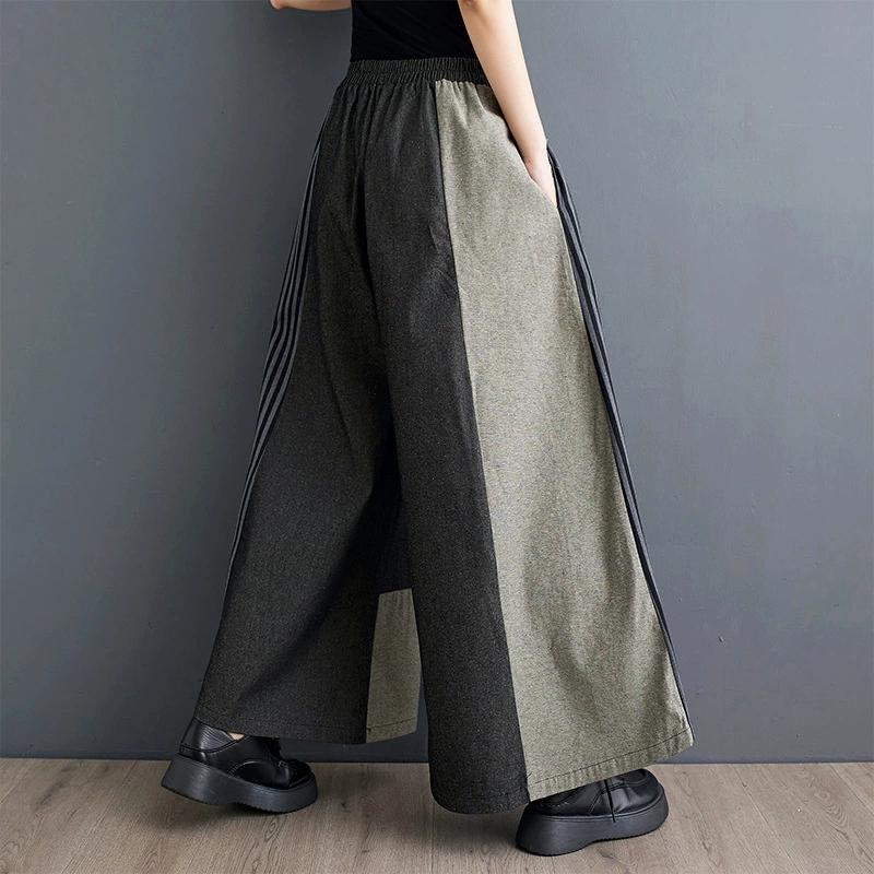 Women's Denim Patchwork Pants Casual Elastic Waist Trousers Straight Wide Leg Pants
