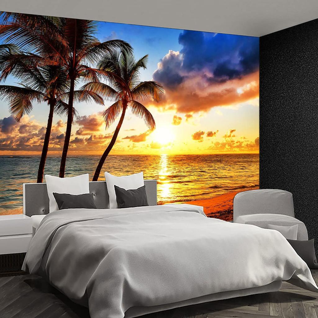 Sunset Beach Mural, Removable Ocean Mural, Palm Wallpaper Bedroom Living Room Sofa Oversized Mural