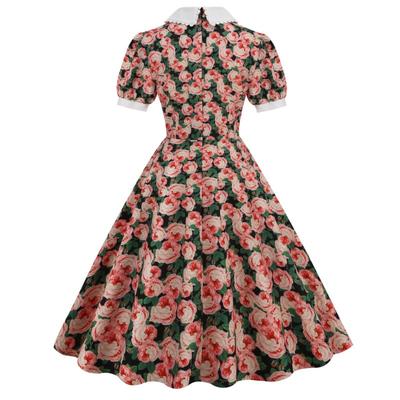Temperament Women's Clothing Summer New Product Bundle Neck Doll Collar Short Sleeve Retro Style Medium and Long Printed Dress