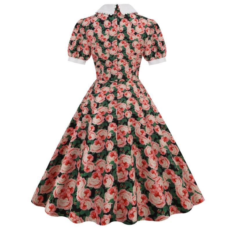 Temperament Damenbekleidung Sommer Neuprodukt Bündel Hals Puppenkragen Kurzarm Retro-Stil Mittellanges und langes bedrucktes Kleid