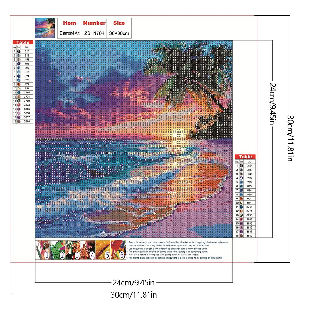 30x30cm Beach 5D DIY Full Drill Round Diamond Painting Kit for Home Wall Decor