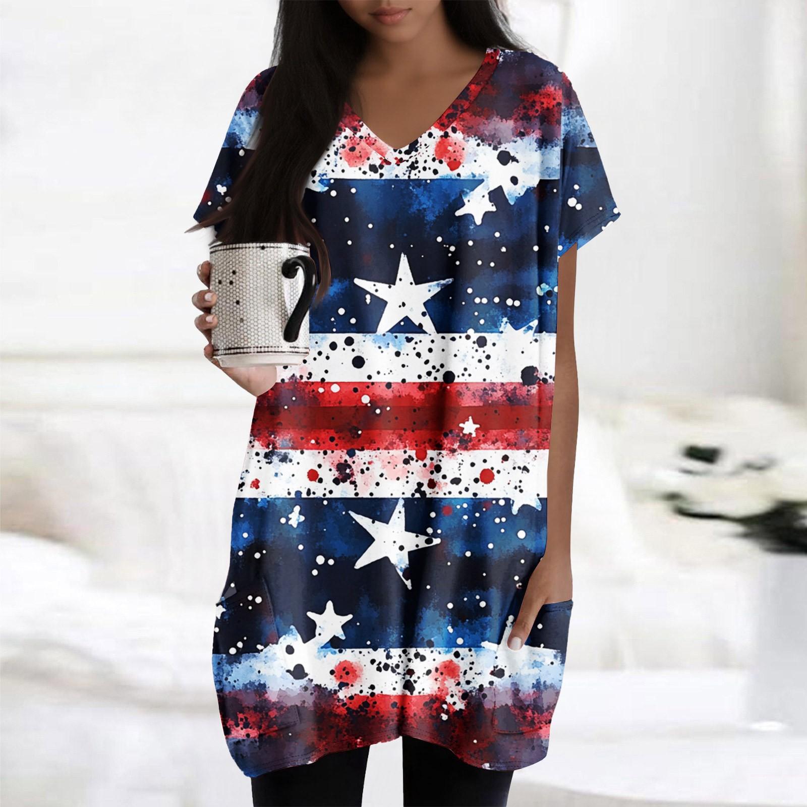 

Жіночі топи з V-подібним вирізом і короткими рукавами, повсякденні сорочки середньої довжини, модні туніки з принтом і кишенями XL