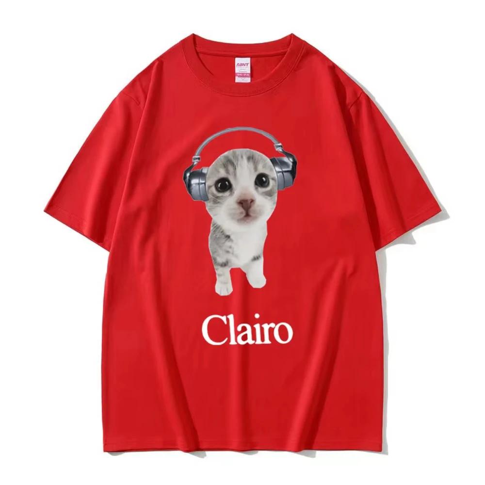 Clairo Cute Cat Listening To Music Funny Meme T Shirts Men Women Casual Fashion Short Sleeve T-shirts Male Cotton Oversized Tees