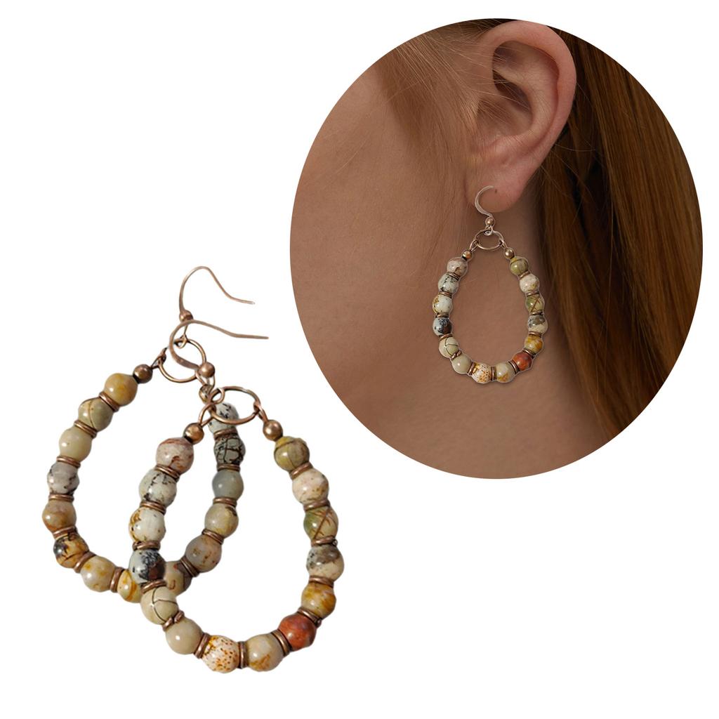 Handgjorda Retro Boho Chic Dangle-örhängen med Natursten och Pärlhänge Perfekta för Vardagsbruk och Festivaler