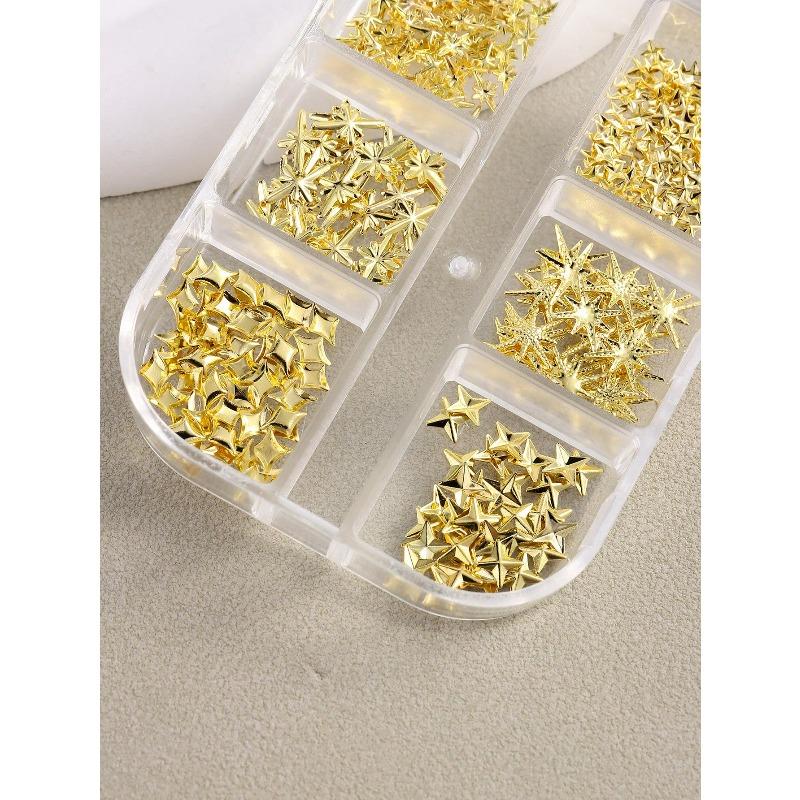 6 Grids/box 3D Star, Pentagon, Gold Color Metal Nail Art Decorations Cross Star, Y2K Nail Jewelry, DIY Nail Charms Nail Art Supplies