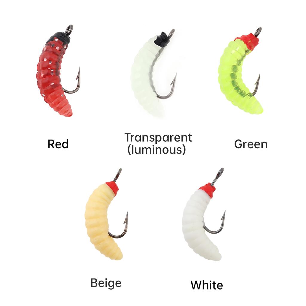 30pcs Luminous Soft Silicone Maggot Worm with Hooks Already Attached Artificial Bread Worm Fishing Hooks Lures