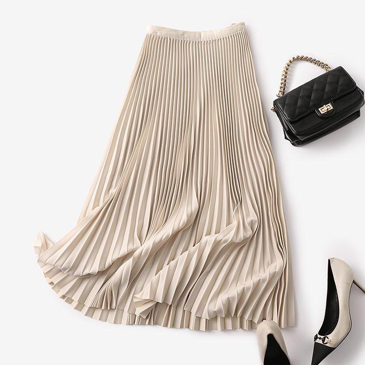 Autumn High-Waisted Pleated Midi Skirt: Slimming, Comfortable, Solid Color, Versatile, Casual, and Age-Reducing.