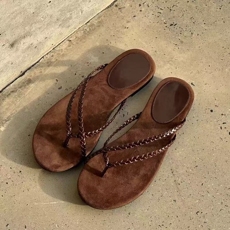 

Niche simple set of toe slippers for women s summer wear flat-bottomed holiday beach semi-cool slippers 41 коричневый