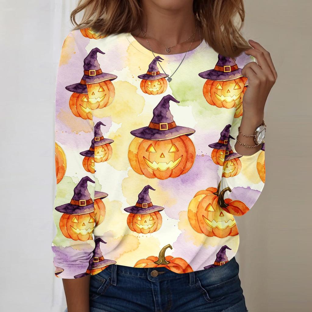 Women Casual Long Sleeve Pullover Sweatshirt Halloween Pumpkin Print Round Neck Top Lightweight Comfortable Fit
