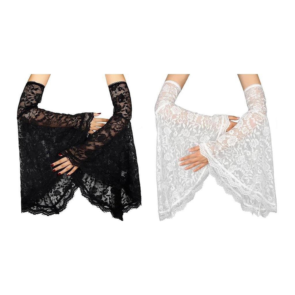 Gothic Lace Sleeves Witch Gloves Elegant Costume Armwear with Flare Cuffs for Theme Parties and Halloween Dressingup