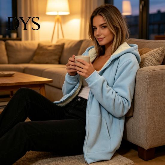 Casual Hooded Coat Women Fleece Jacket with Pockets, Fall Winter Zip-Up Pockets Coat, Loose Fit Warm Thickened Outerwear for Lady