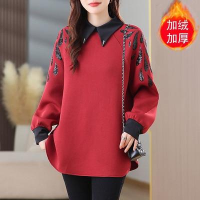 Fashionable Autumn and Winter Loose Mid-Length POLO Collar Sweatshirt Women's Casual Velvet Thickened Printed Pullover