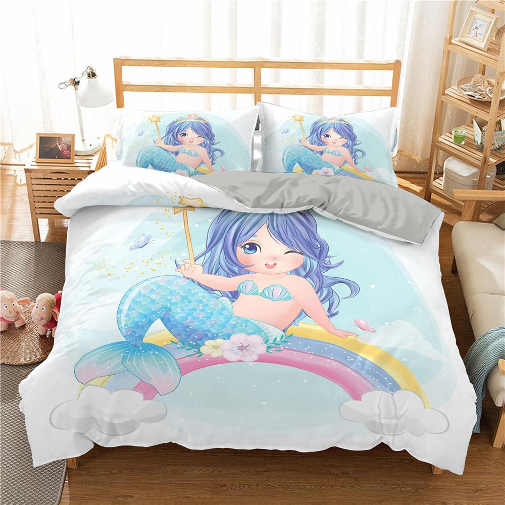 Comforter Mermaid King Queen Cute Cartoon Fairy Tale Sea Creature Bedding Set Fish Scale Girly 2/3Pcs