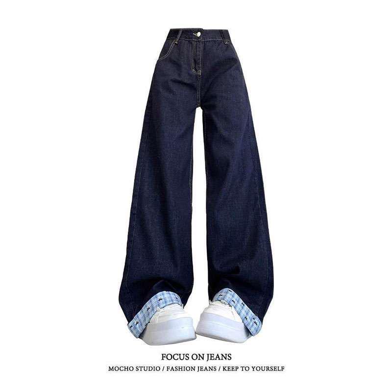 

Women s Deep Blue Plaid Patchwork Jeans – Loose, Wide-Leg, New Spring & Autumn Collection XS глибокий/синій