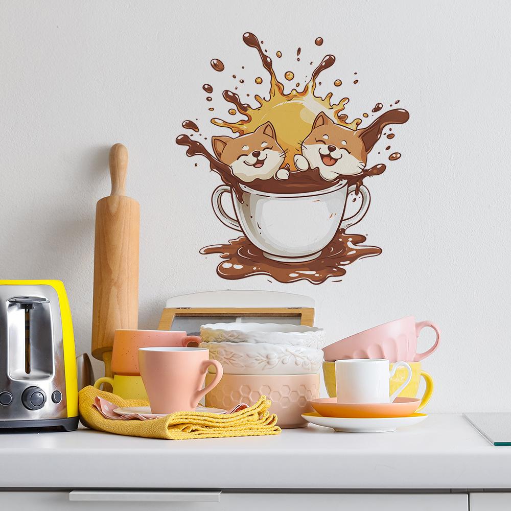 Creative Coffee Cups Cat Coffee Shops Kitchen and Dining Rooms Wall Background Beautification and Decorative Wall Stickers