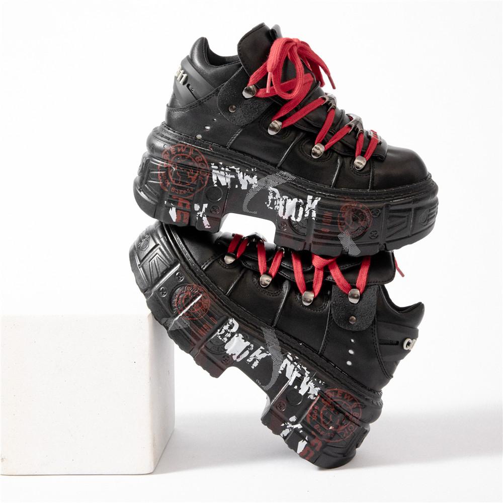Stivaletti da Donna per Donna con Lacci Punta Tonda Fondo Spesso Botas Mujer Punk Decorazione Metallica Graffiti Scarpe con Plateau