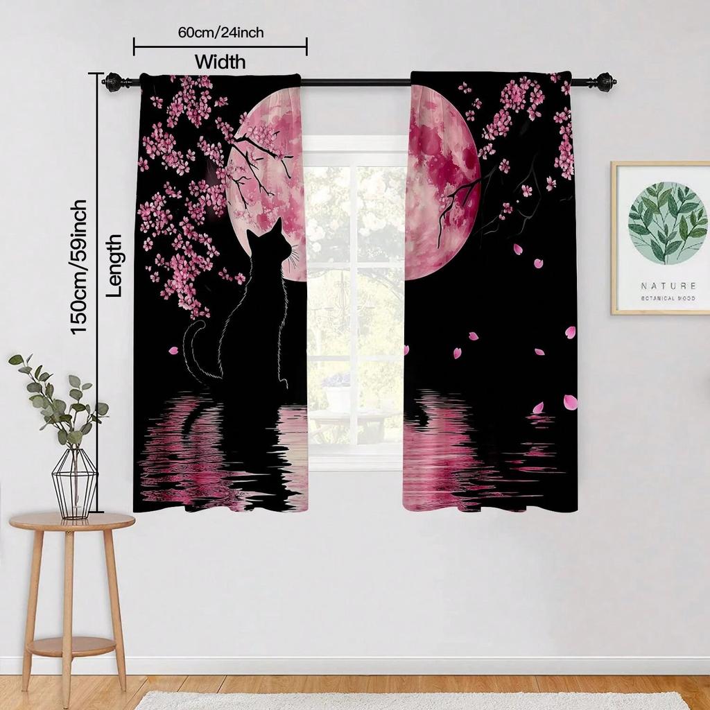 Klasyczne zasłony do sypialni w stylu azjatyckim z motywem kwiatu wiśni i czarnego kota w fazie księżyca, zasłony dekoracyjne do salonu
