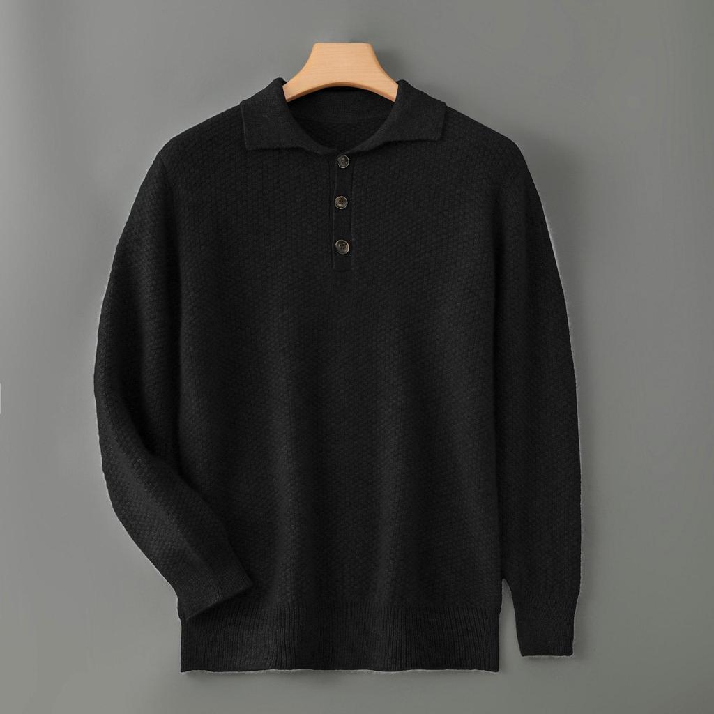 Men's Pure Wool Polo Collar Cardigan: Loose, Button-Up, Business Casual Cashmere Knit Sweater