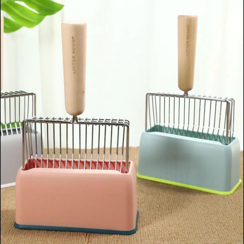 Metal Cat Litter Scoop Set with Large Wooden Handle and Candy Color Base