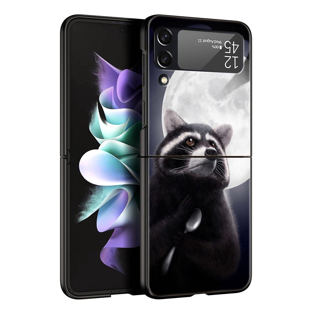Hard PC Phone Case For Samsung Galaxy Z Flip 7 6 5 4 Black Cover For Galaxy Z Flip 3 Foldable Shockproof Cute Animal Raccoon Bag