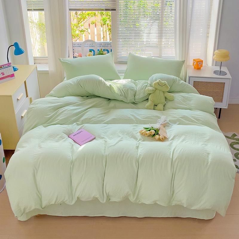 Solid Color Spliced Washed Cotton Bedding Set Moisture Absorbing Breathable Bed Sheet Envelope Pillowcase Dust Proof Mattress Protective Cover