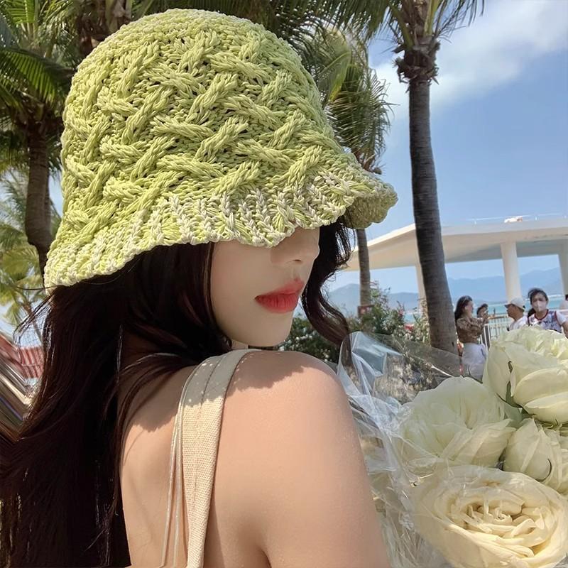 Women's Summer Hollowed-Out Woven Fisherman Hat Breathable Sunshade Sun Protection Bucket Hat Large Head Circumference Hat