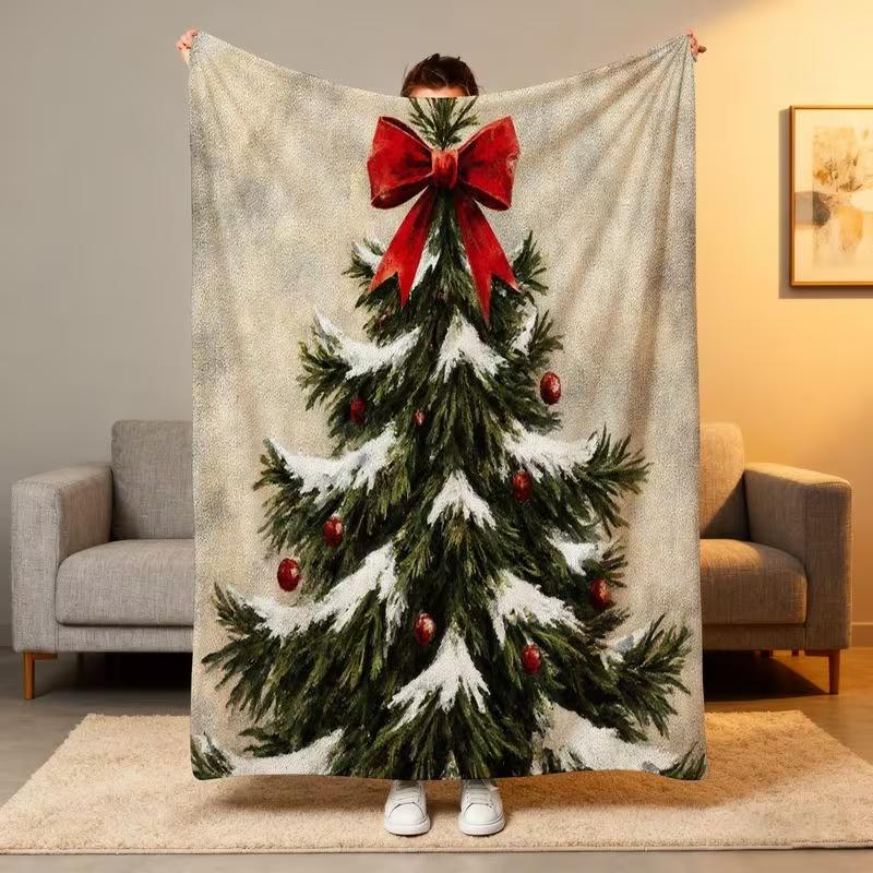 Vintage Snowy Christmas Tree Throw Blanket Soft Warm Xmas Red Bow Pine Tree Print for Sofa Bed Holiday Home Decoration