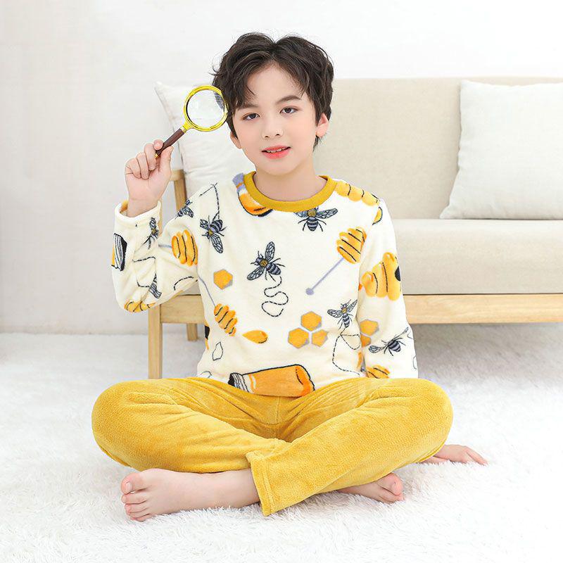 Flannel Boys' Pajama Set - Coral Fleece, Medium-Large, Plus Velvet, Thickened for Autumn/Winter