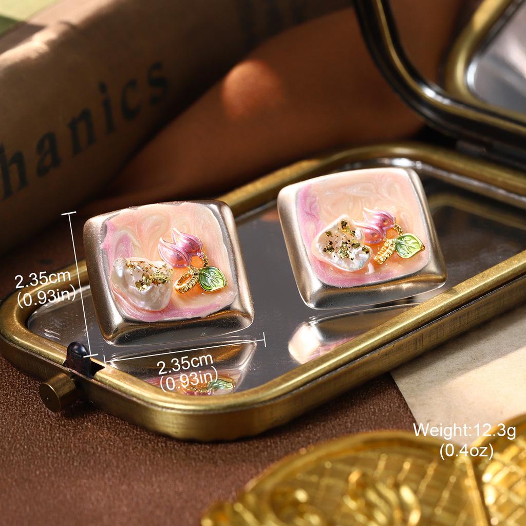French retro oil painting style earrings niche high-end natural pearl stud earrings women's new Chinese hand-painted enamel earrings