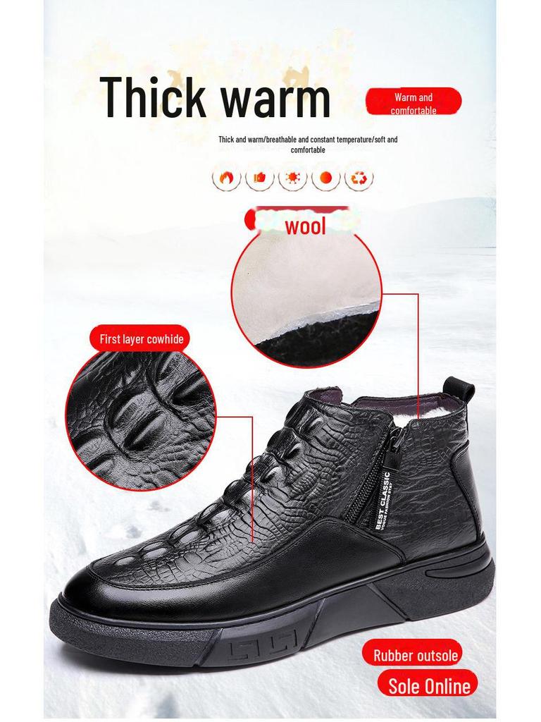 Men's Winter Crocodile-Pattern Cowhide Leather Cotton Shoes with Wool Lining