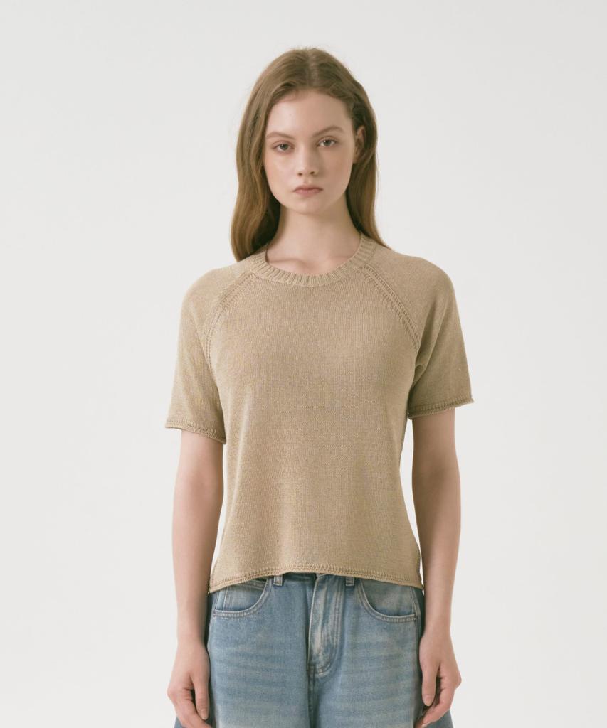Oqual Hanji Cooling Round Short Sleeve Knit, Beige