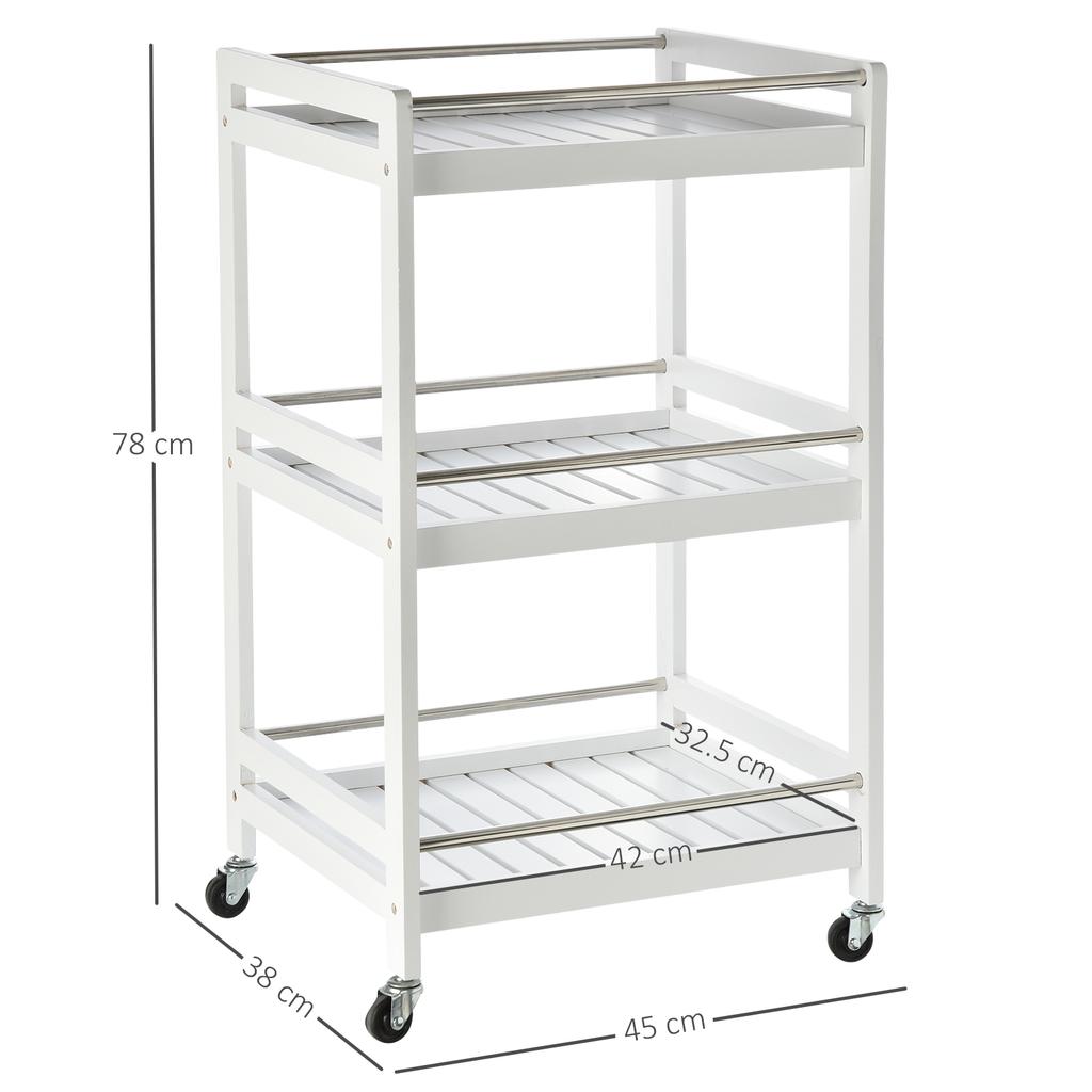 Wooden Kitchen Serving Trolley with 3 Shelves and Wheels, 45x38x78cm, White