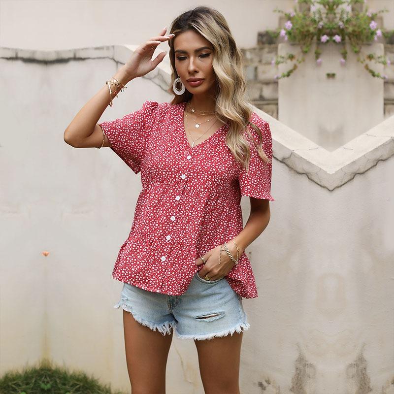 Women Polka Dot V Neck Button Down Ruffle Hem Casual Loose Summer Blouse Shirt S
