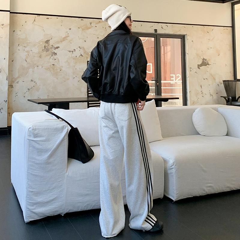 Striped Sports Pants for Women In Spring and Autumn High Waist Drape Loose Slim College Style Straight Sport Wide-leg Pants