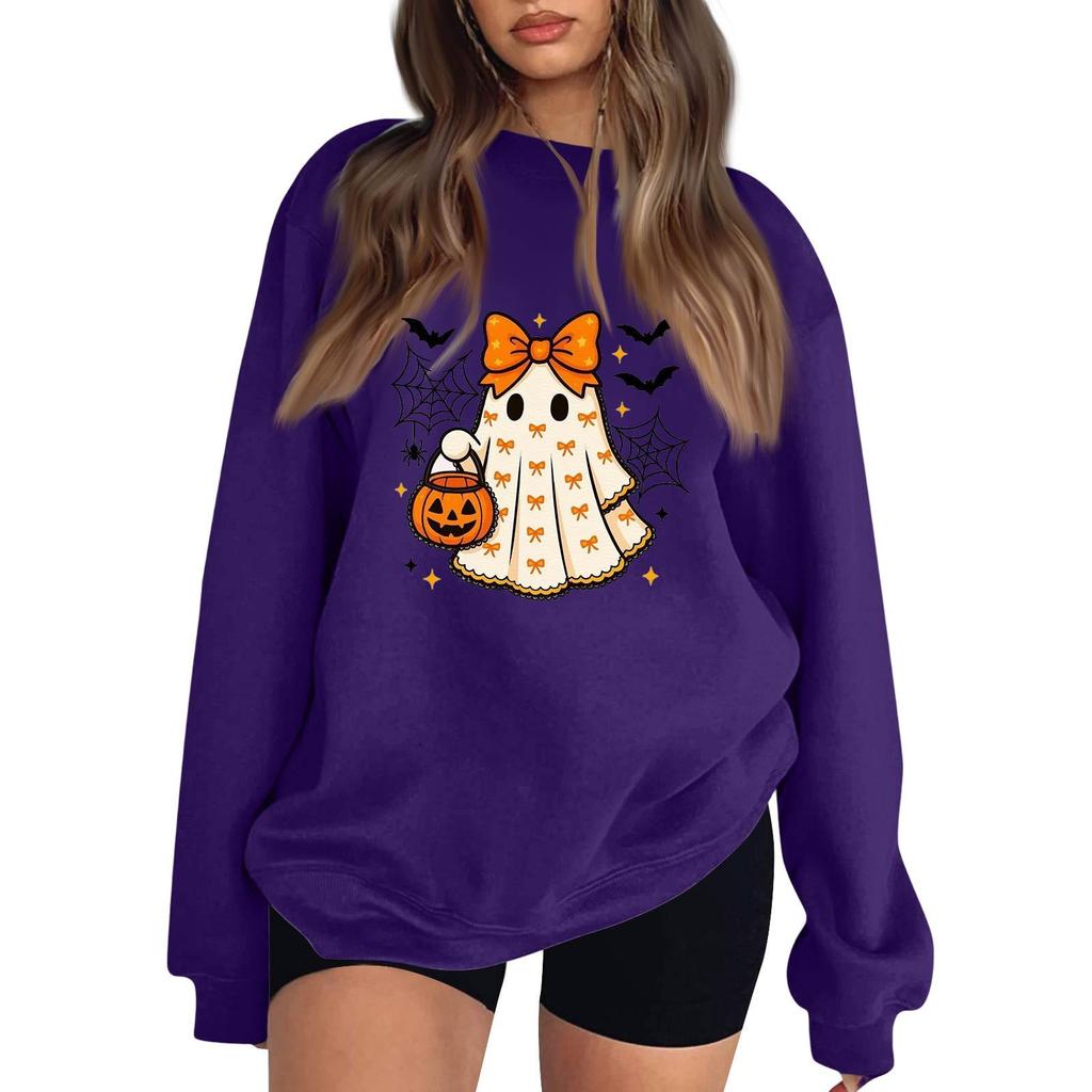 Women's Comfortable Round Neck Long Sleeve Sweatshirt Loose Fit Casual with Color and Halloween Print