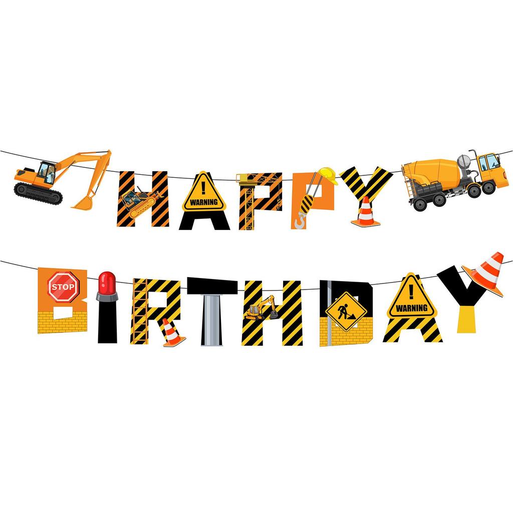Children's Birthday Construction Theme Tableware Set: Excavator Plates, Cups, Napkins, and Banner