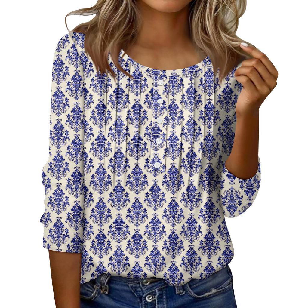 Women's Round Neck Pull Stripe Decorative Button Top Casual Solid Color 3/4 Sleeve T Shirt