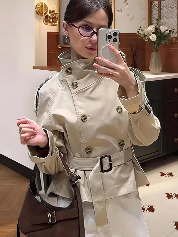 2025 Autumn Stand-Up Collar Tie-Waist Apricot Short Trench Coat: Elegant & Loose Fit